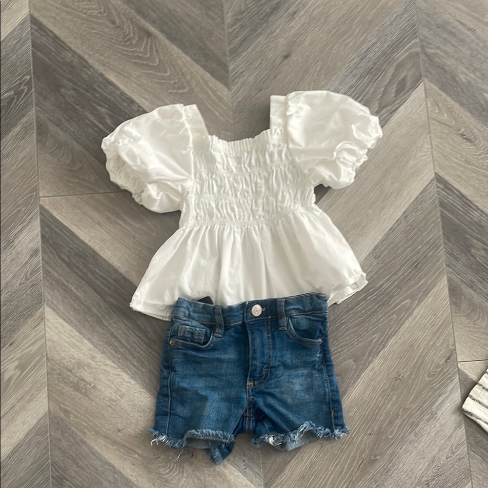 White Puff Sleeve Kids Top and denim short set